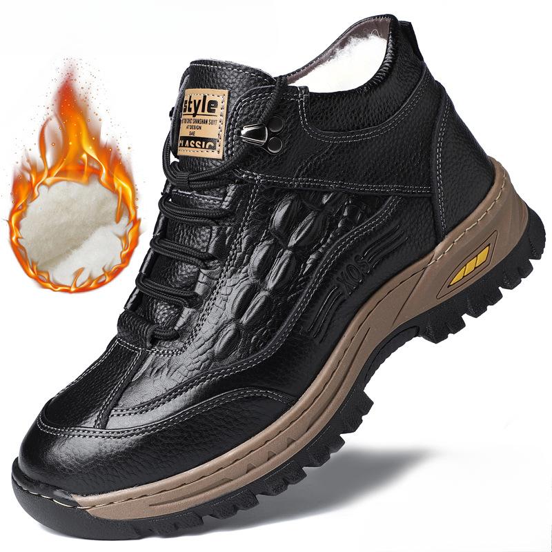 

Зимние теплые ботинки для снега для мужчин, короткие мотоциклетные ботинки из высококачественной кожи на шнуровке с меховой подкладкой, мужские походные ботинки чукка, нескользящая деловая рабочая обувь 44 чёрный