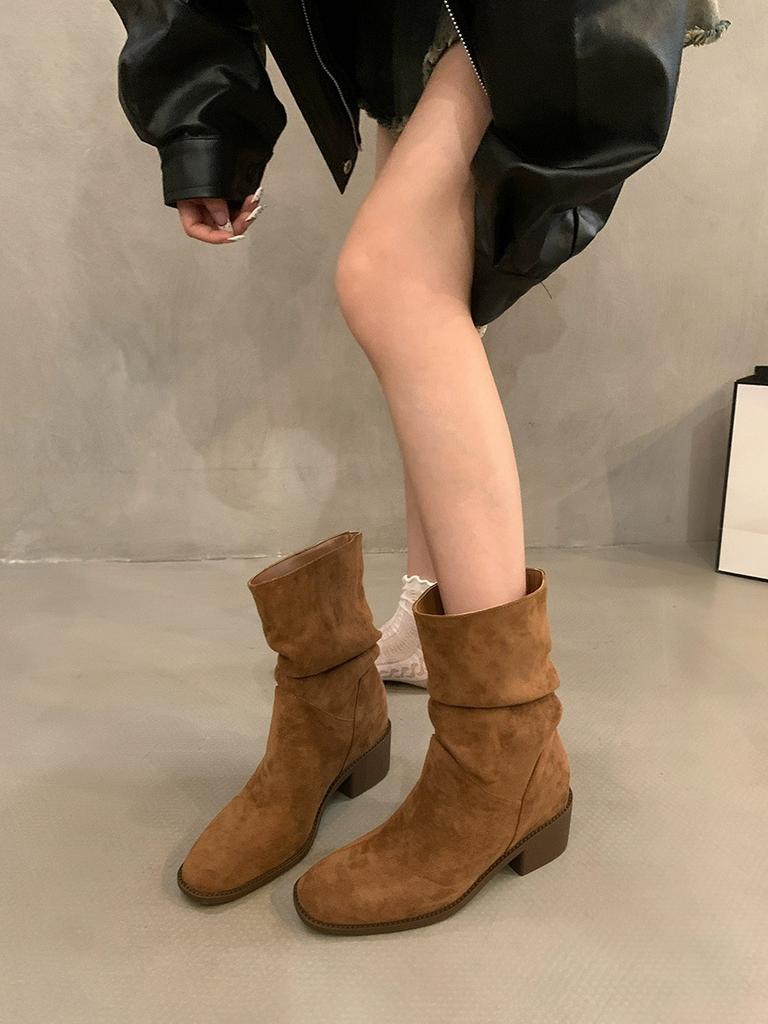 Retro Stacking Boots Women's Summer and Autumn 2025 New Thin Khaki Martin Boots Thick Heel Photo Cowboy Short Boots Women