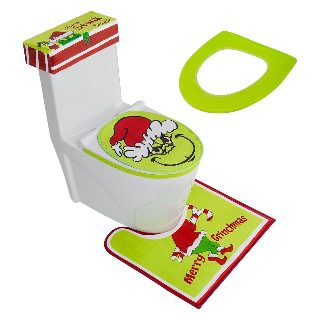 New Christmas Toilet Cover Christmas Decoration Set Grinch Seat Cushion Toilet Seat and Foot Pad Four-piece Set