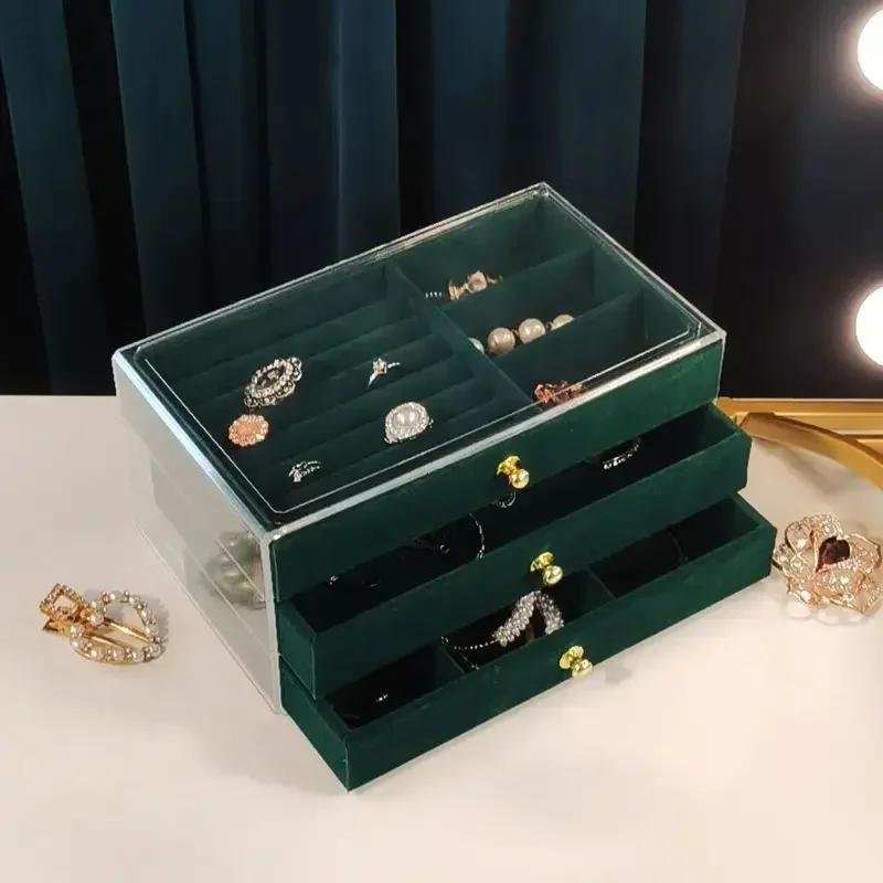 NEW 1pc Three-layer Velvet Jewelry Box Transparent Drawer Type Earring Bracelet Organizer Display Box Jewelry Diy Storage Box