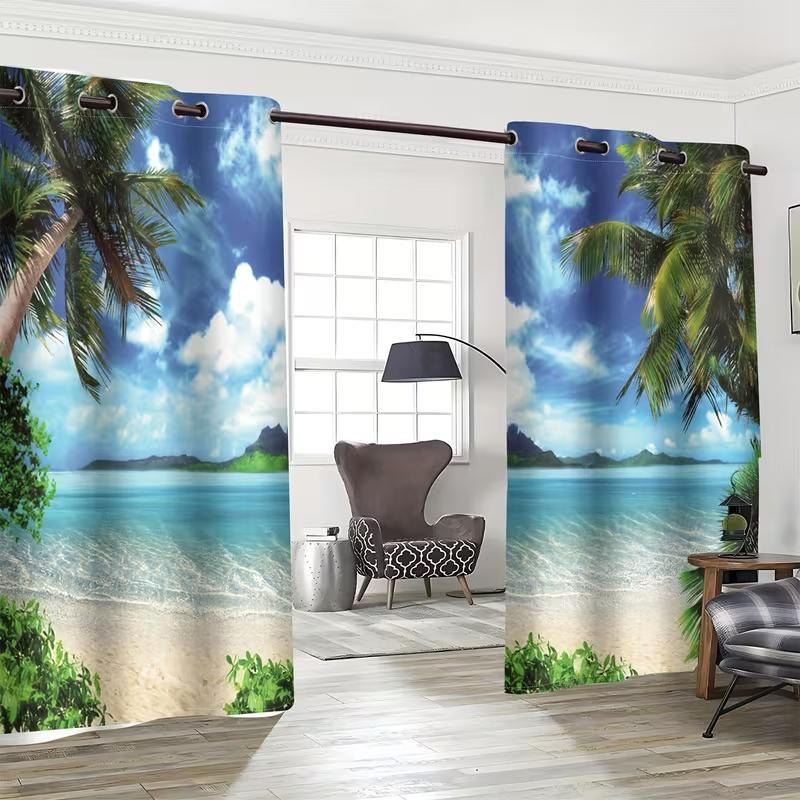 2 Pcs By the Seaside Print Curtains,suitable for Bedroom,living Room Kitchen Decoration,home Decoration,window Decoration