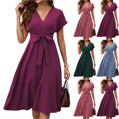 Women’s Short Sleeve V Neck Midi Dress with Waist Tie Casual Loose Fit Soft Fabric Flared Skirt for Daily Wear