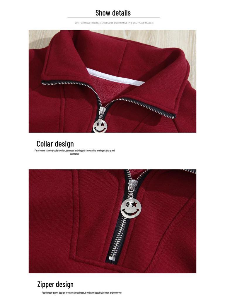 2025 Autumn/Winter Women's Plus Size Fleece-Lined Stand Collar Sweatshirt - Casual Loose Fit Red Jacket