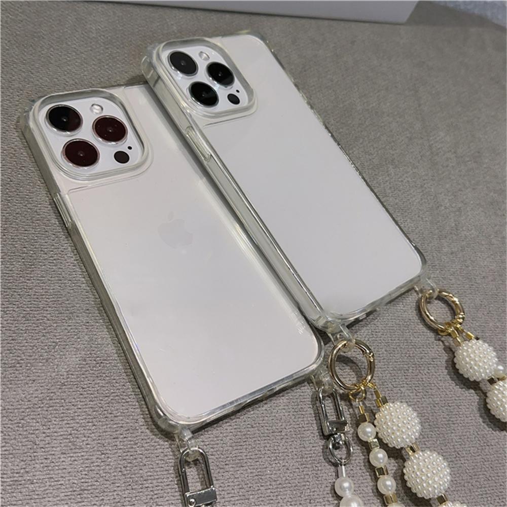 Luxury Crossbody Pearl Necklace Lanyard Transparent Case For iPhone 16 17 14 11 12 13 15 Pro Max XR X 8 7 Plus Chain Strap Cover