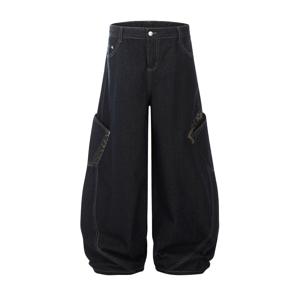 American trendy brand washed primary color jeans multi-pocket overalls wide-leg scimitar pants loose mopping trousers