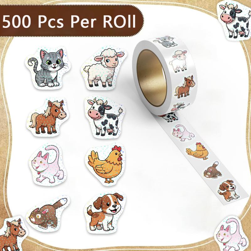 500Pcs/Roll Cute Animal Stickers Cartoon Self Adhesive Waterproof Decals Kids Diy Scrapbook Journal Reward Craft Decor Decals