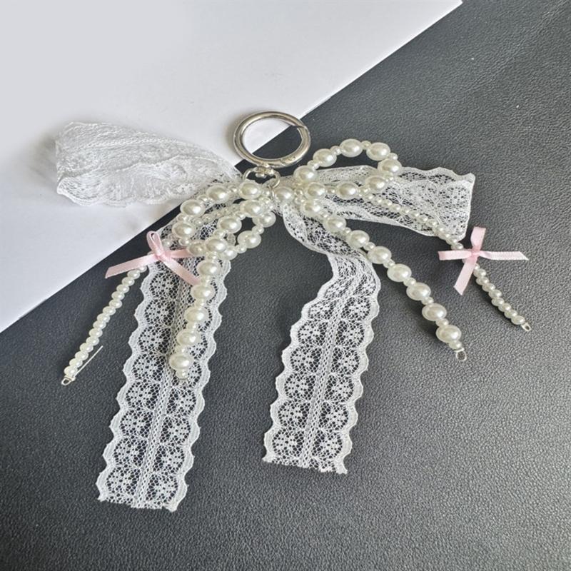 Stylish Phone Ornament With Fabric PVC Design Secure Clip For Key Bags Decoration Beads Lace Bowknot Keychain Pendant