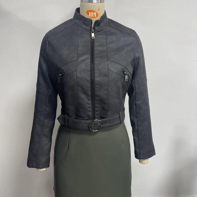 BITCED Women's Biker-Style Leather Jacket with Belt, Long Sleeves and Zip Fastening Spring/Autumn Leather Jacket