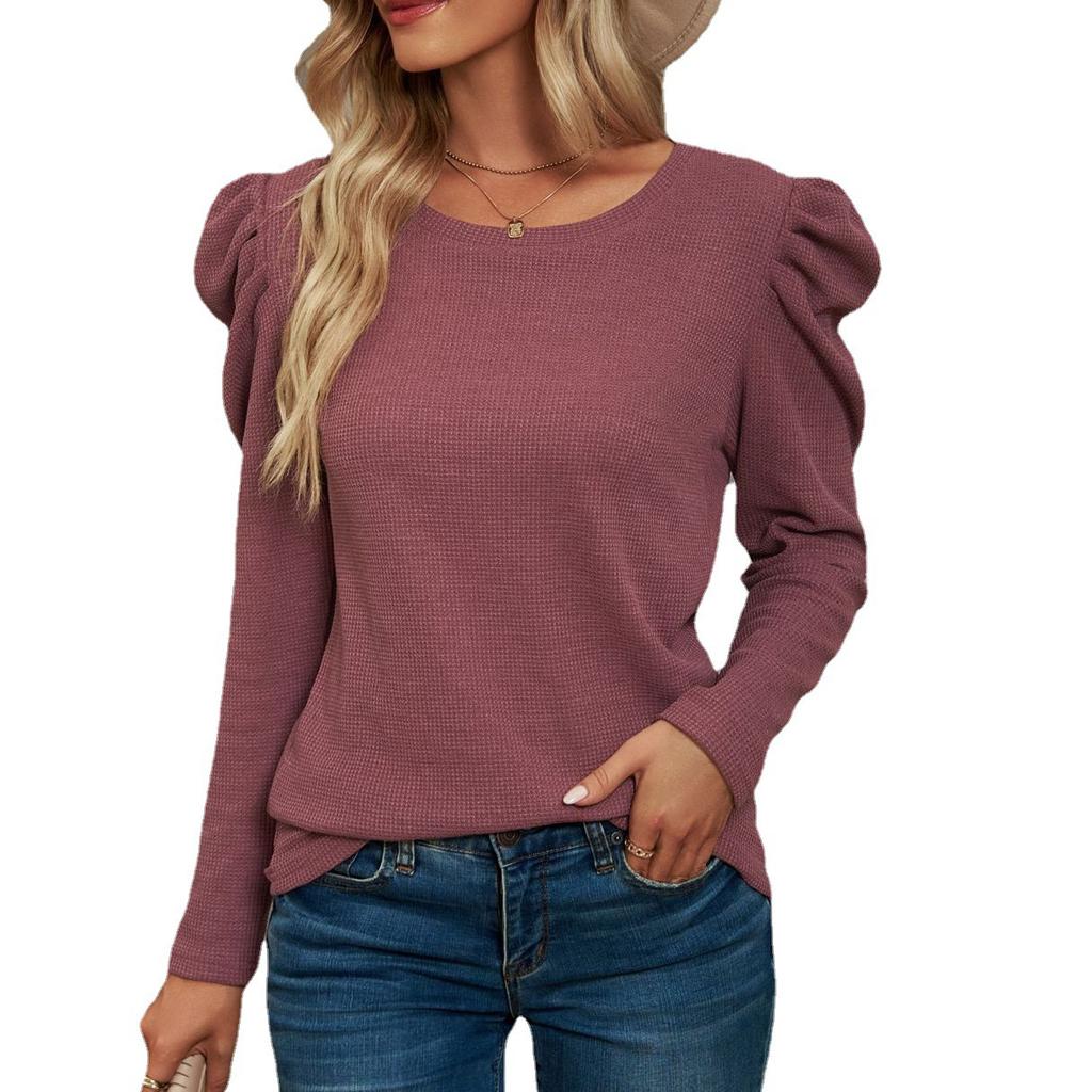 2024 Autumn/Winter New European And American Long Sleeve Folded Splicing Round Neck Waffle T-Shirt Top For Women