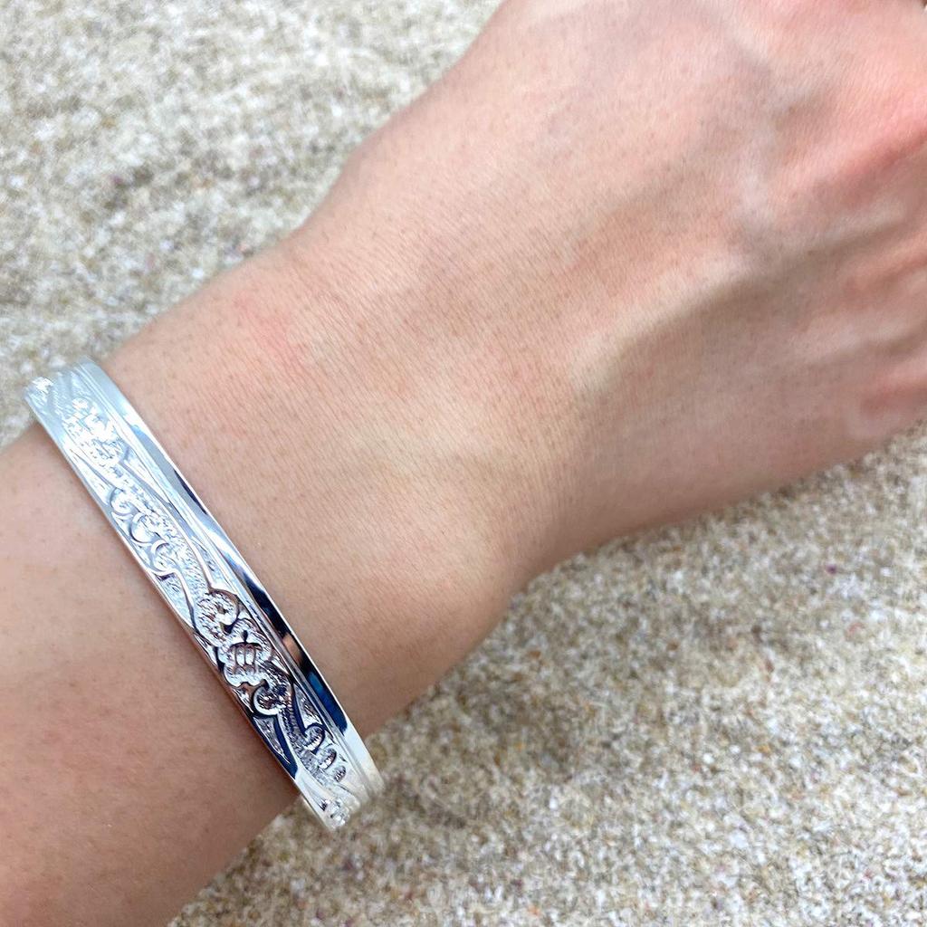 Hawaiian Jewelry Silver Honu Turtle [Ishiki] Bangle, 925, Bracelet, Scroll, Wave, [790svb]