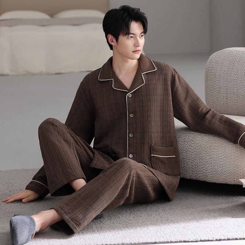 Air cotton sandwich pajamas men's autumn and winter thickened pure cotton long-sleeved men's winter thin padded large-size loungewear