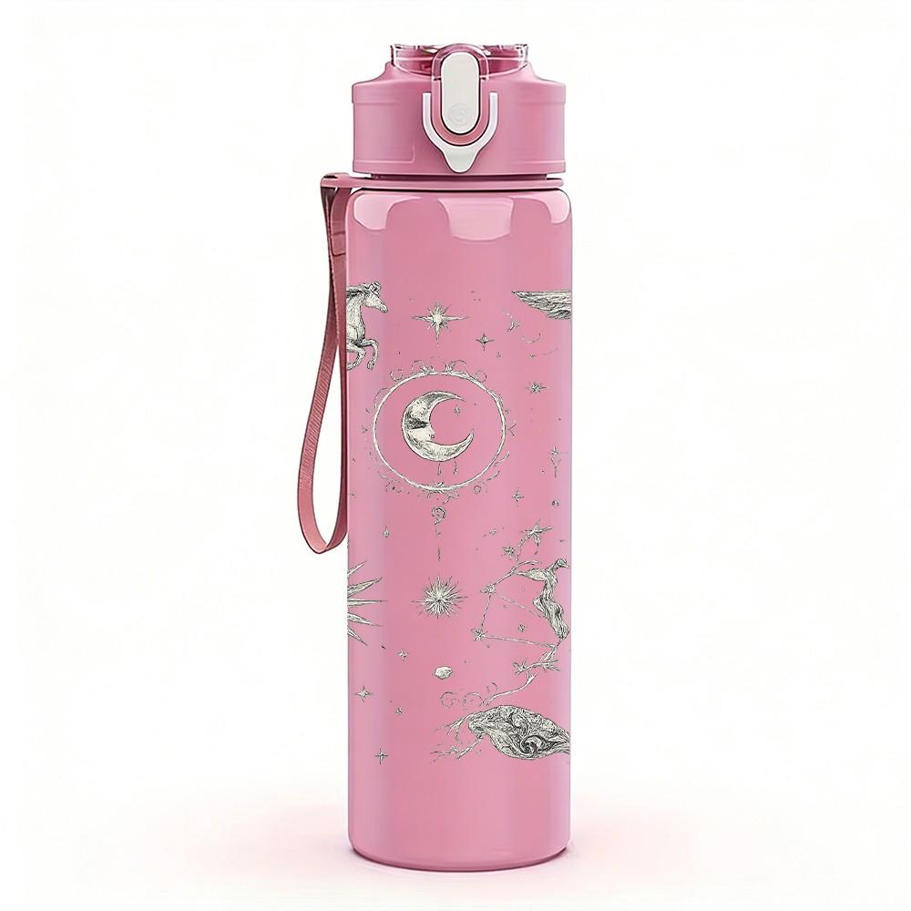 1PC Sun Moon Star Celestial Sketch Print 750ml Color Plastic Sports Water Bottle Leakproof Flip Straw Lid Suitable for Sports Office Home Use