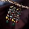 Female Color Block Long Earrings Colored Stonecut Copper Flowers Drop Green and Yellow Beads Retro.