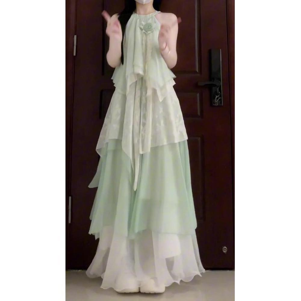 Rochie Verde Mentă Neregulară fără Mâneci cu Gât pentru Femei de Vară Casual Rochie Lungă cu Temperament Nou pentru Femei