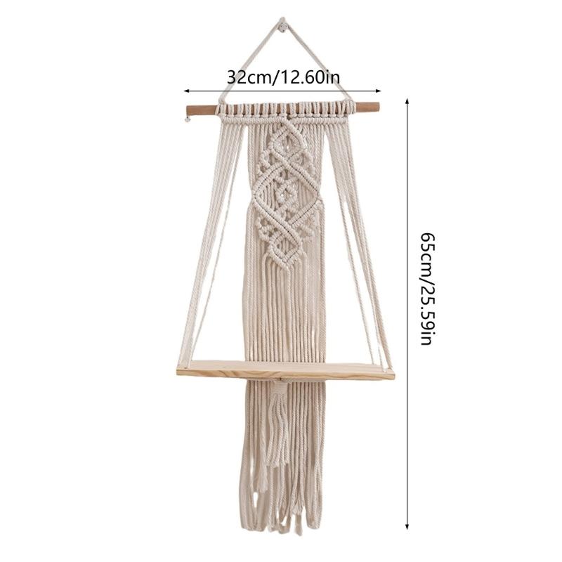 Cotton Rope Storage Rack for Bedroom Handwoven Tapestry Storage Rack Swing Rope Floating Shelf Wall Hanging Organizer