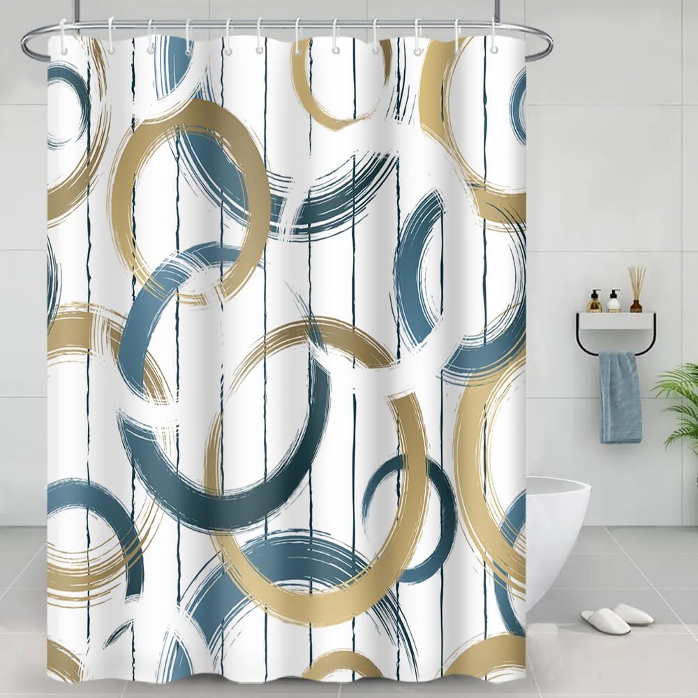Striped Fabric Bathroom Shower Curtain-Modern Simple Polyester Waterproof Blue Grey Abstract Line Pattern With Hook