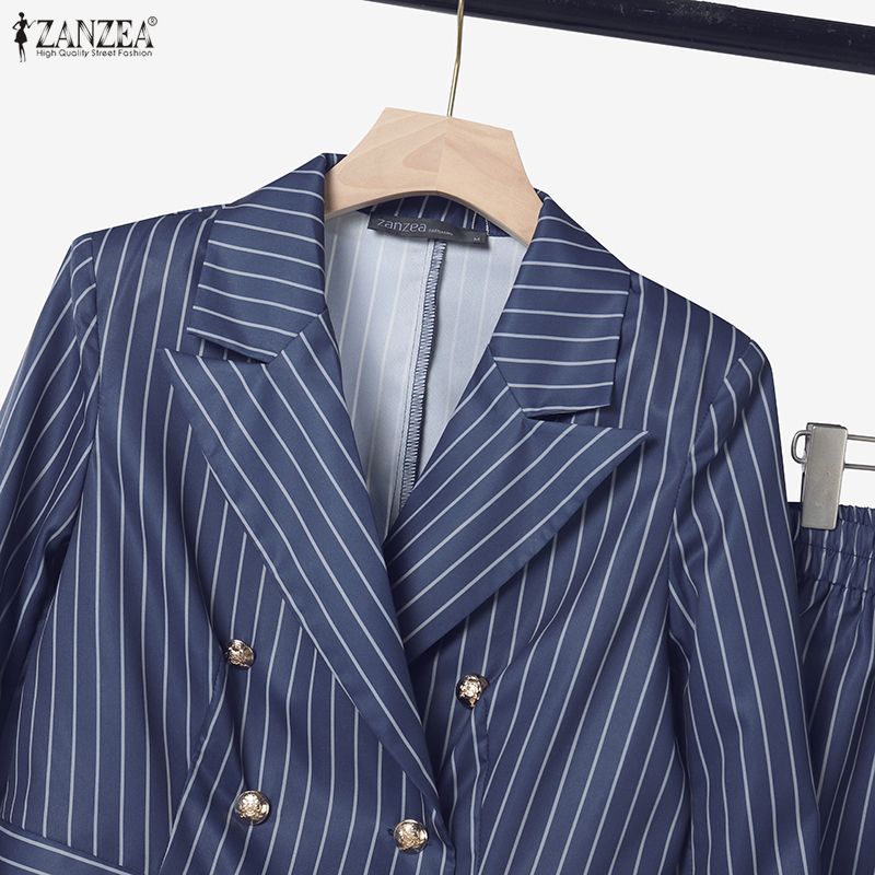 ZANZEA Women Casual Blazer and Pants Stripe Print Two Piece Suit Sets