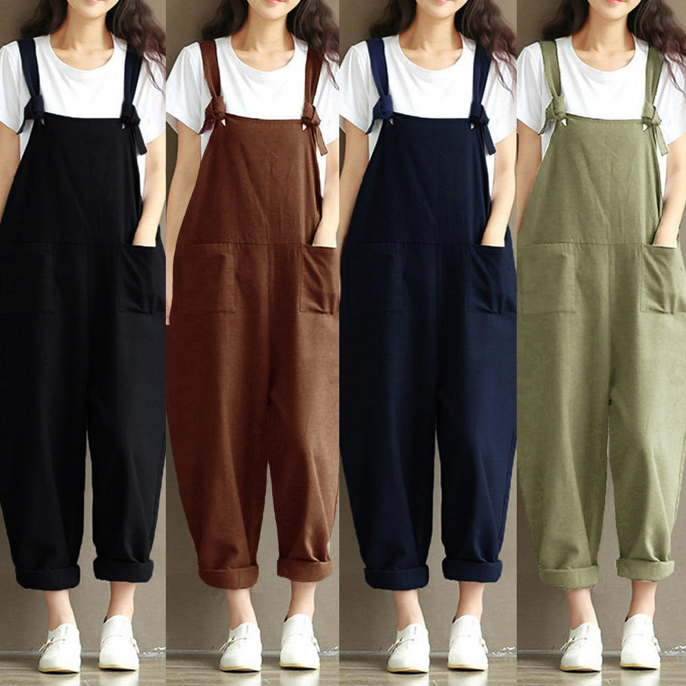 Buy Women Loose Jumpsuit Overalls Solid Sleeveless Pockets Wide Legs