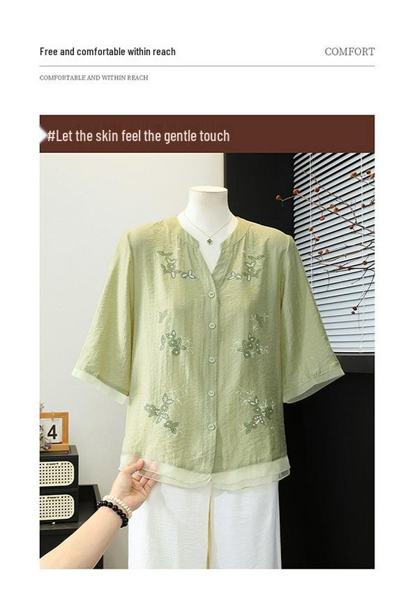 Summer 2026 Women's Artistic Embroidery V-Neck Patchwork Shirt