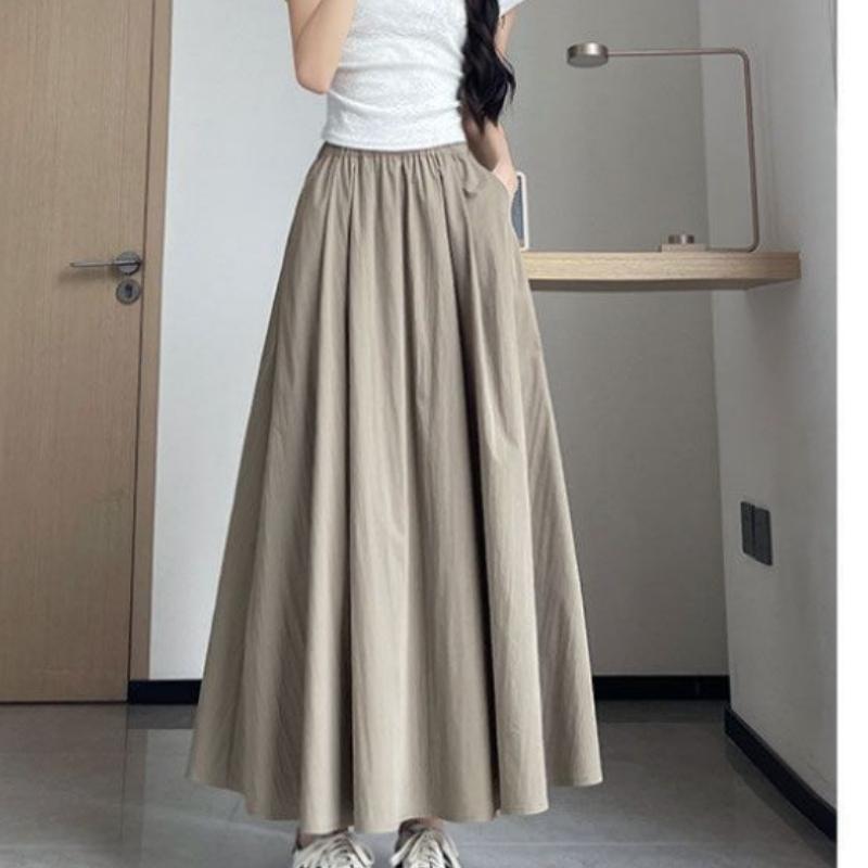 

Макси-юбка-зонт А-силуэта с высокой талией из ледяного шелка для женщин - Летняя драпирующаяся струящаяся полная расклешенная юбка-полусолнце one size