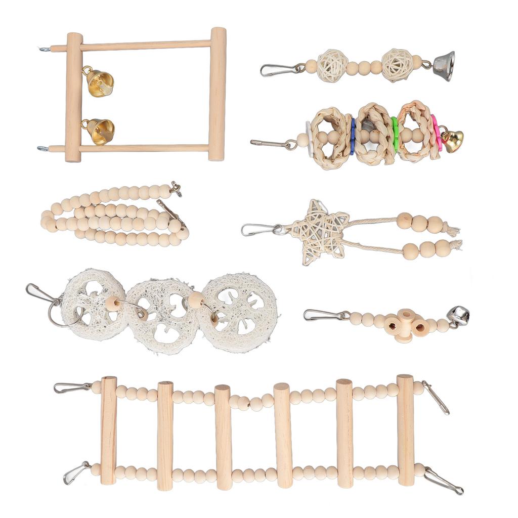 8 ks Sada žvýkacích hraček pro papoušky Závěsný zvonek Hračka do ptačí klece Šplhací žebřík Žvýkací hračky Dřevěné trhací