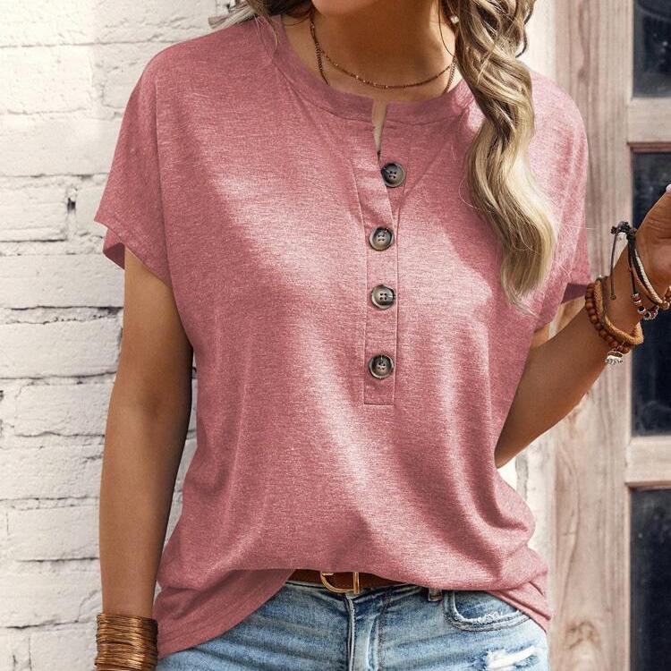 

Весенне-летняя женская одежда, европейский и американский топ, однотонная модная футболка с витыми пуговицами с короткими рукавами для женщин 2XL розовый