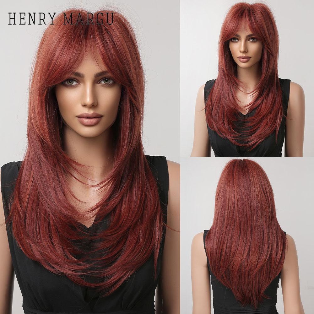 HENRY MARGU Ombre Dark Black Brown Synthetic Wigs with Bangs Layered Hair Wig for Black Women Party Cospaly Heat Resistant