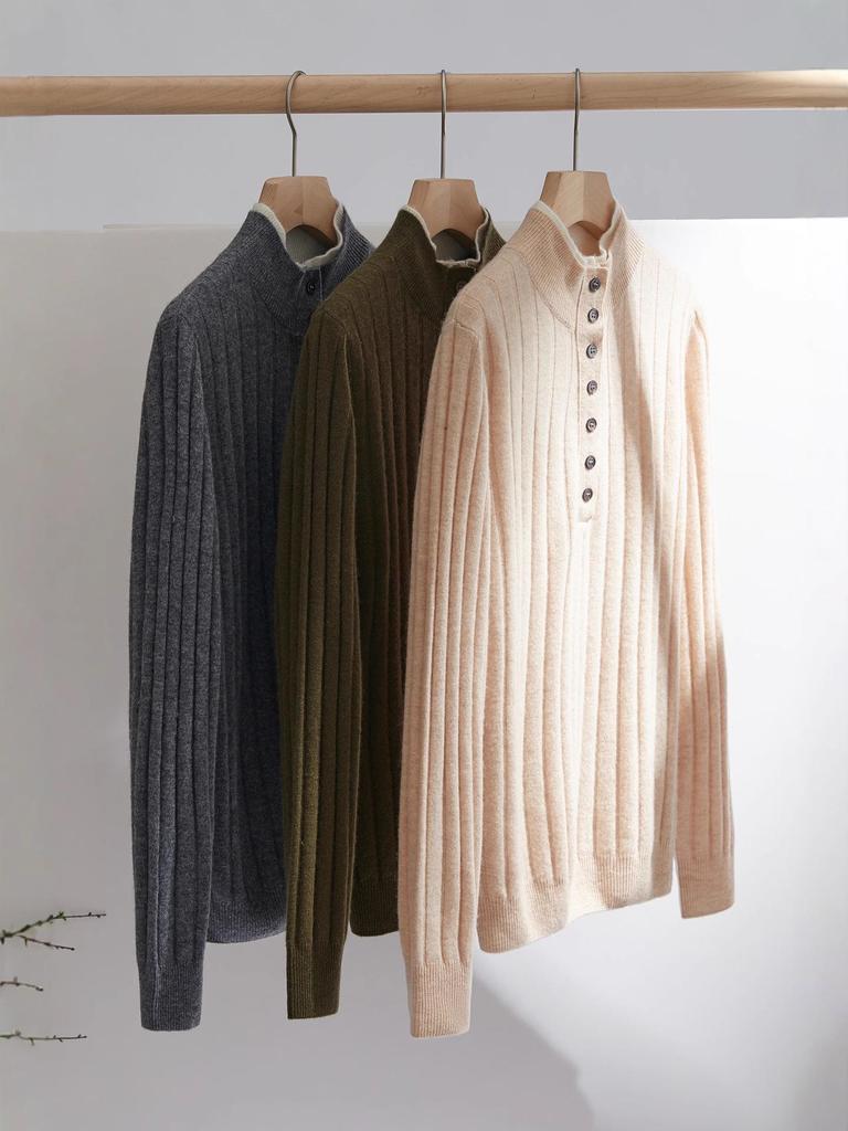 2025 A/W Women's Cashmere Turtleneck Sweater - Buttoned Striped Knit Outerwear