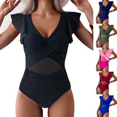 Maiôs sólidos de verão, natação, push up, decote em V, roupa de praia, monokini, feminino, babado, maiô de uma peça, roupa de banho feminina