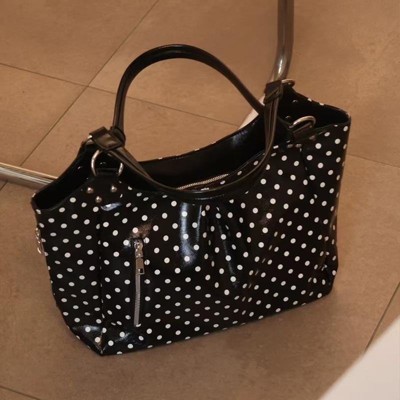 Koreanischer Stil Polka Dot Tragetasche für Damen Retro Schwarz Weiß Punkt Schultertasche mit Schloss Anhänger Trendig Lässig Arbeit Unterarm Handtasche