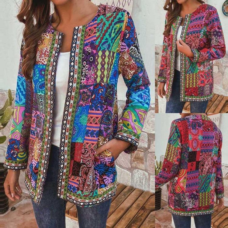

Vintage Ethnic Floral Print Women Long Sleeve Cotton Coat Plus Size Jacket L