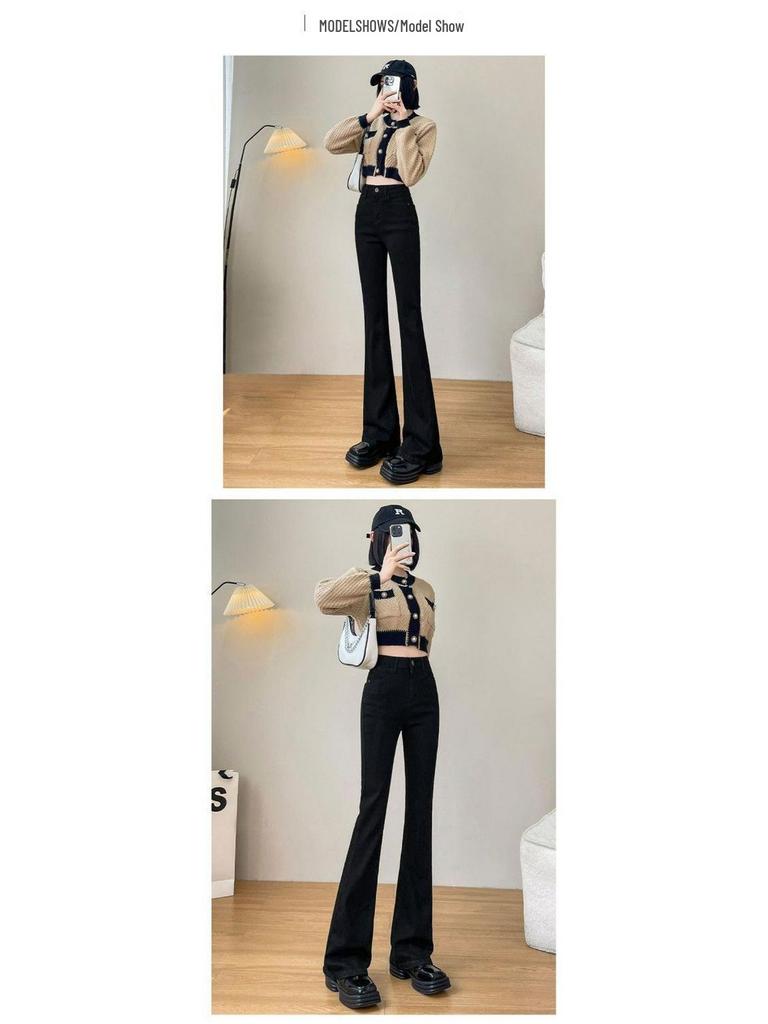Women's Black Fleece-Lined High-Waist Flared Jeans - Plus Size, Slimming, Height-Enhancing, for Autumn/Winter