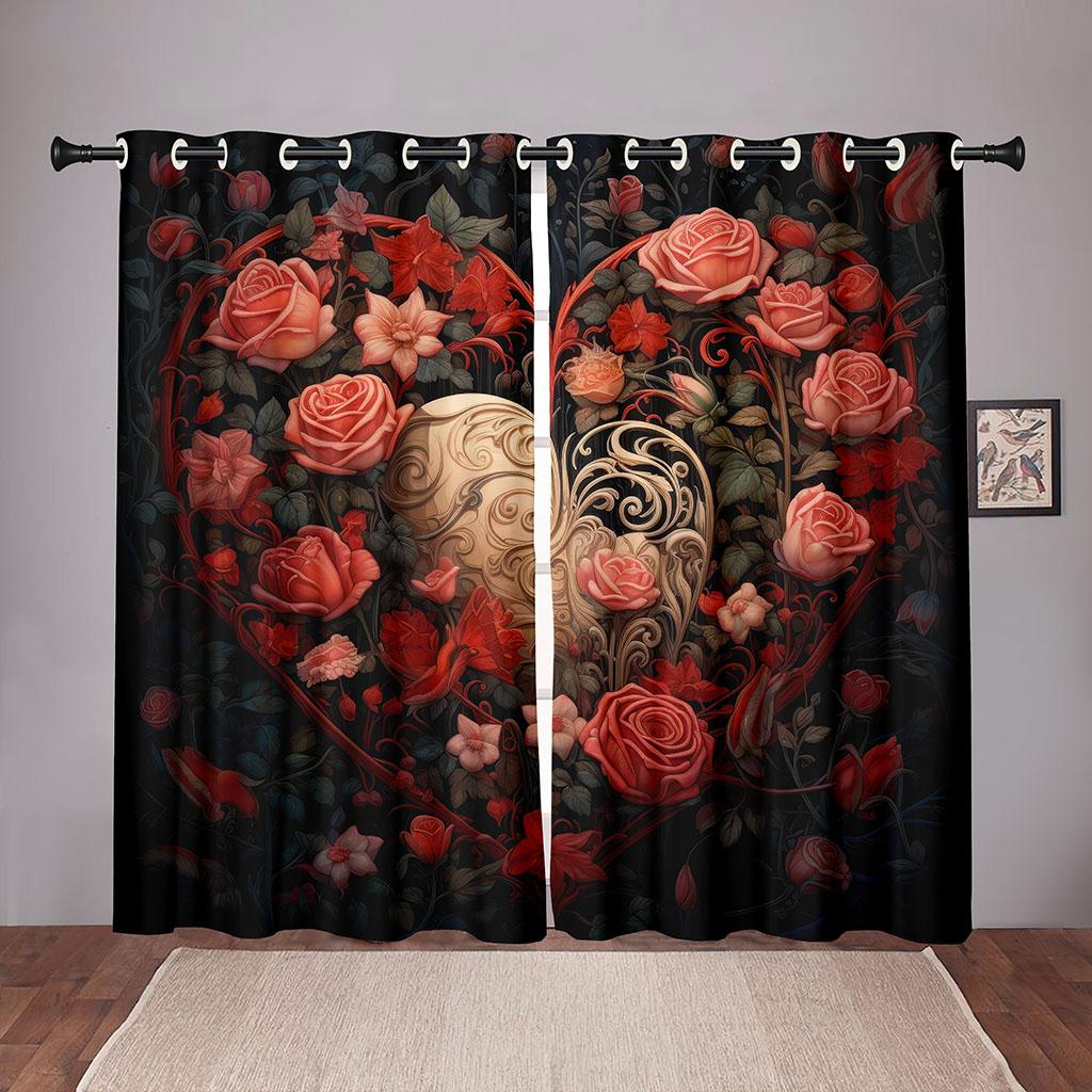2 Piece Vintage Rose Love Heart Curtains Valentine's Day Red Floral Pattern Living Room Bedroom Kitchen Balcony Decor Curtains