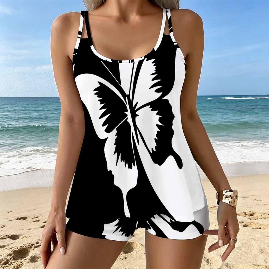 Women's Swimwear Tankini 2 Piece Swimsuit Butterfly Flowers  Pattern Vacation Bathing Suits