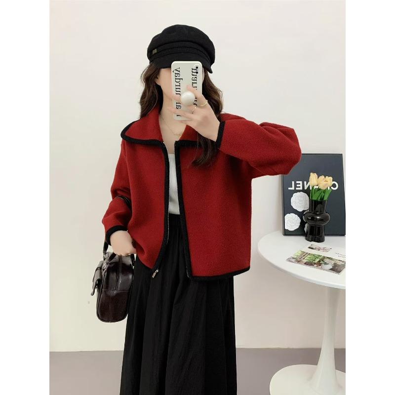 Spring New Zipper College Lapel Knitted Double-sided Woolen Cardigan Loose Soft Waxy Sweater Jacket Women