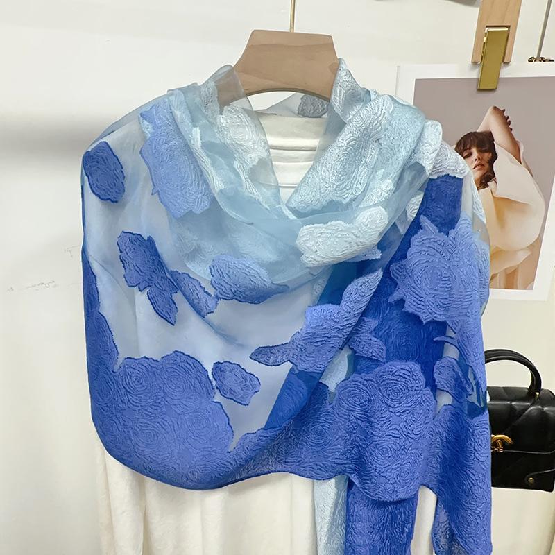 Shawl Scarf Advanced New Gradual Change Flower Long Silk Scarf Yarn Versatile Sunscreen Shawl