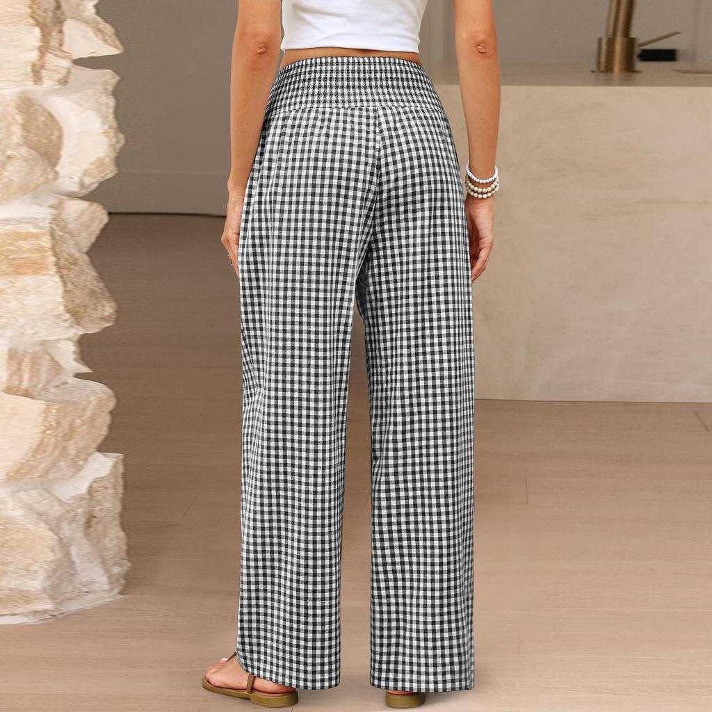 Women's Fashion Loose Pleated Elastic Waistband Pocket Tartan Casual Pants