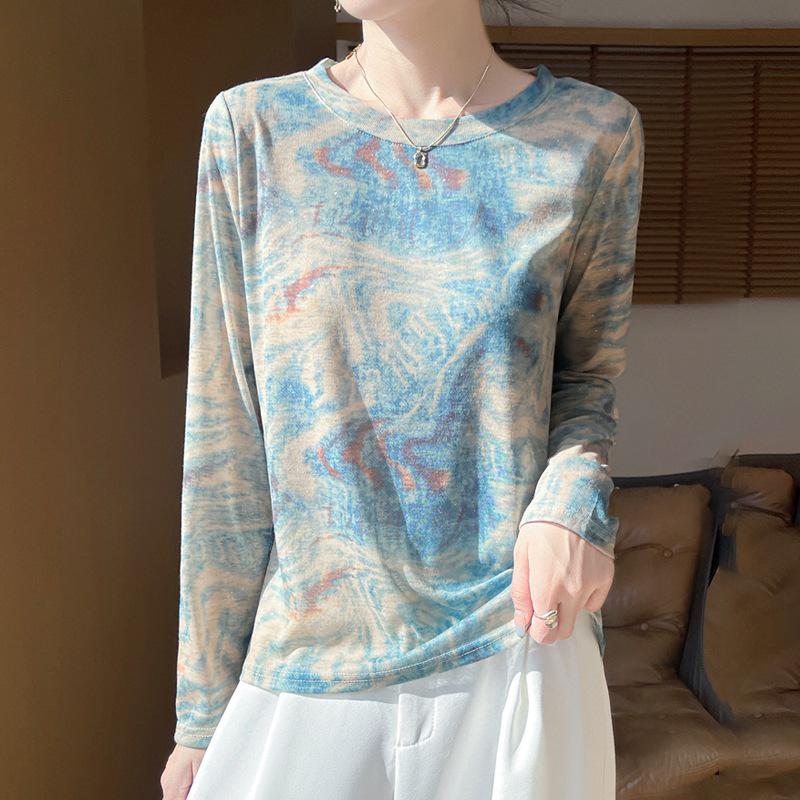 2025 Frühling/Sommer Retro Wasserlöslicher Batik Rundhals Damen Weiches Dünnes T-Shirt