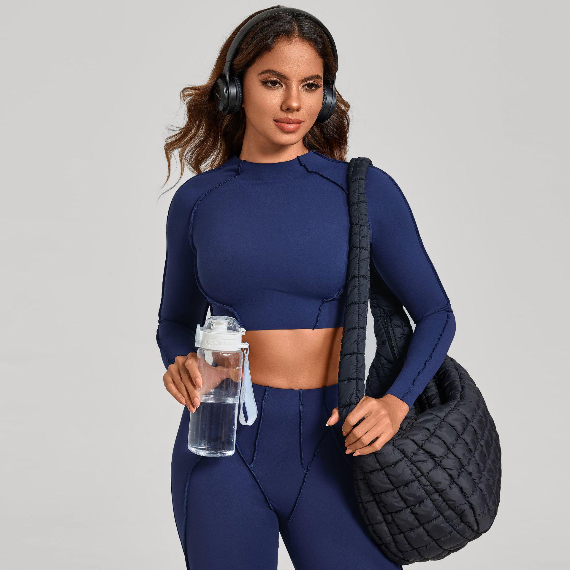 

3D Patchwork Quick-Dry Yoga Long Sleeve Fitness Top Small темно-синього кольору