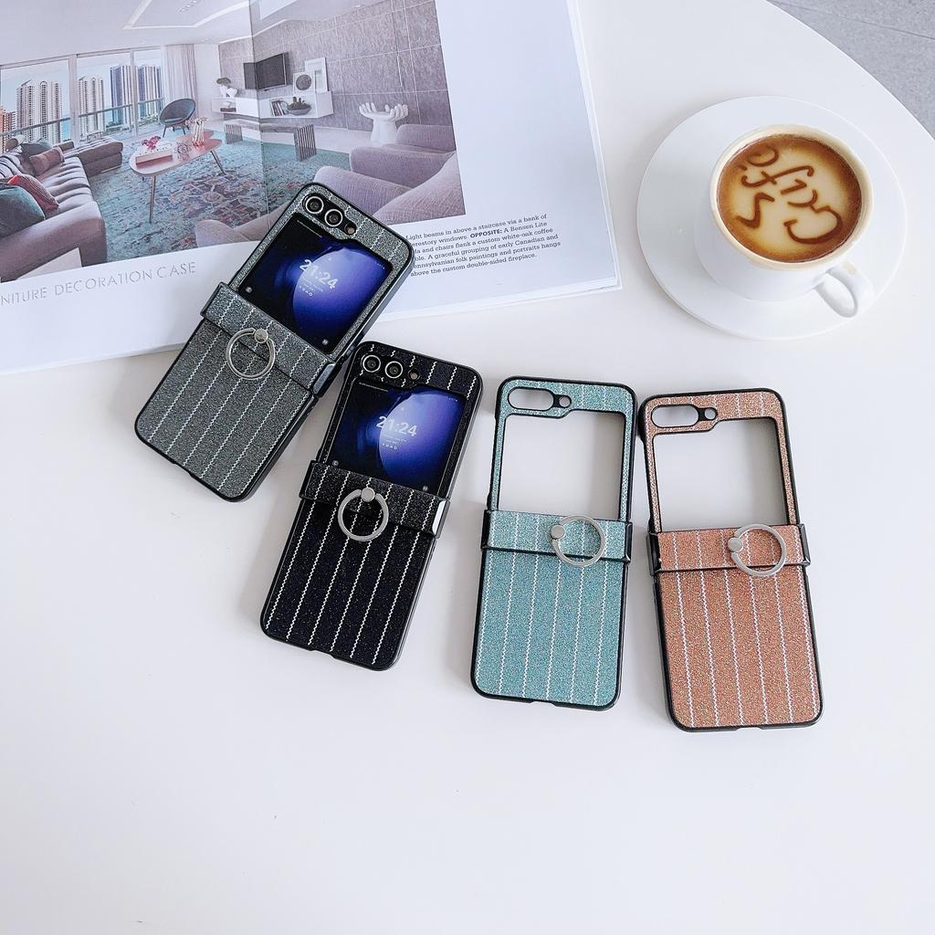 For Samsung Galaxy Z Flip7 FE 5G/Z Flip6 5G Wavy Stripes PU Leather Coated PC Phone Cover with Ring Kickstand