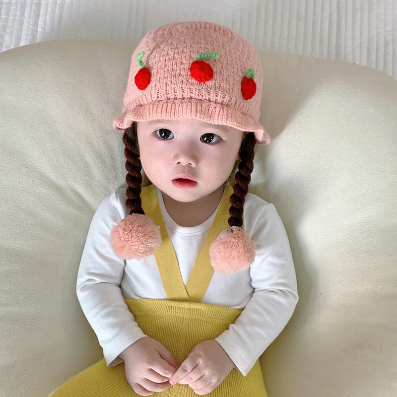 Knitted Princess Hat Cute Cartoon Cherry Wig Braid Winter Ear Protection Warm Windproof Hat For Party