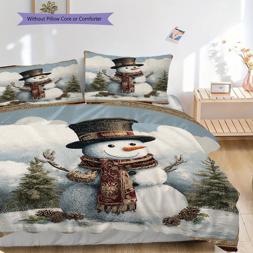 Snowman Pattern Bedding Quilt Set Quilt Cover Pillowcase Home Decoration Birthday Gift (1 * Duvet Cover + 2 * Pillowcase, Without Core)