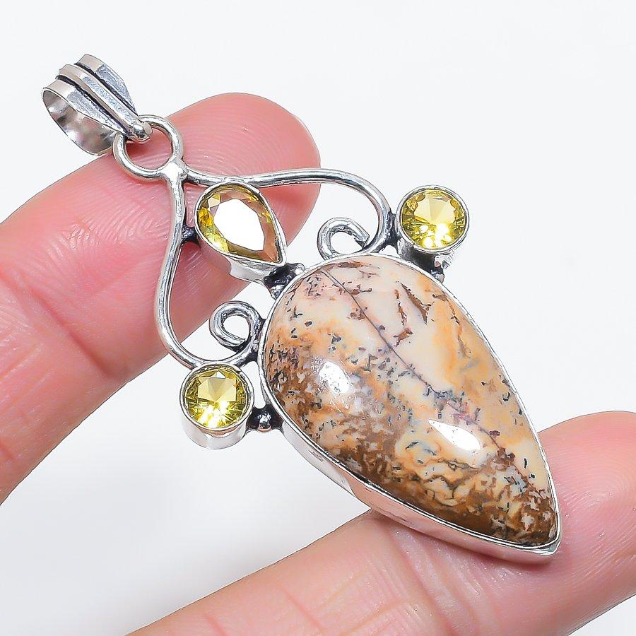

Natural Picture Jasper, Citrine 925 Sterling Silver Jewelry Pendant 2.48 J3k95