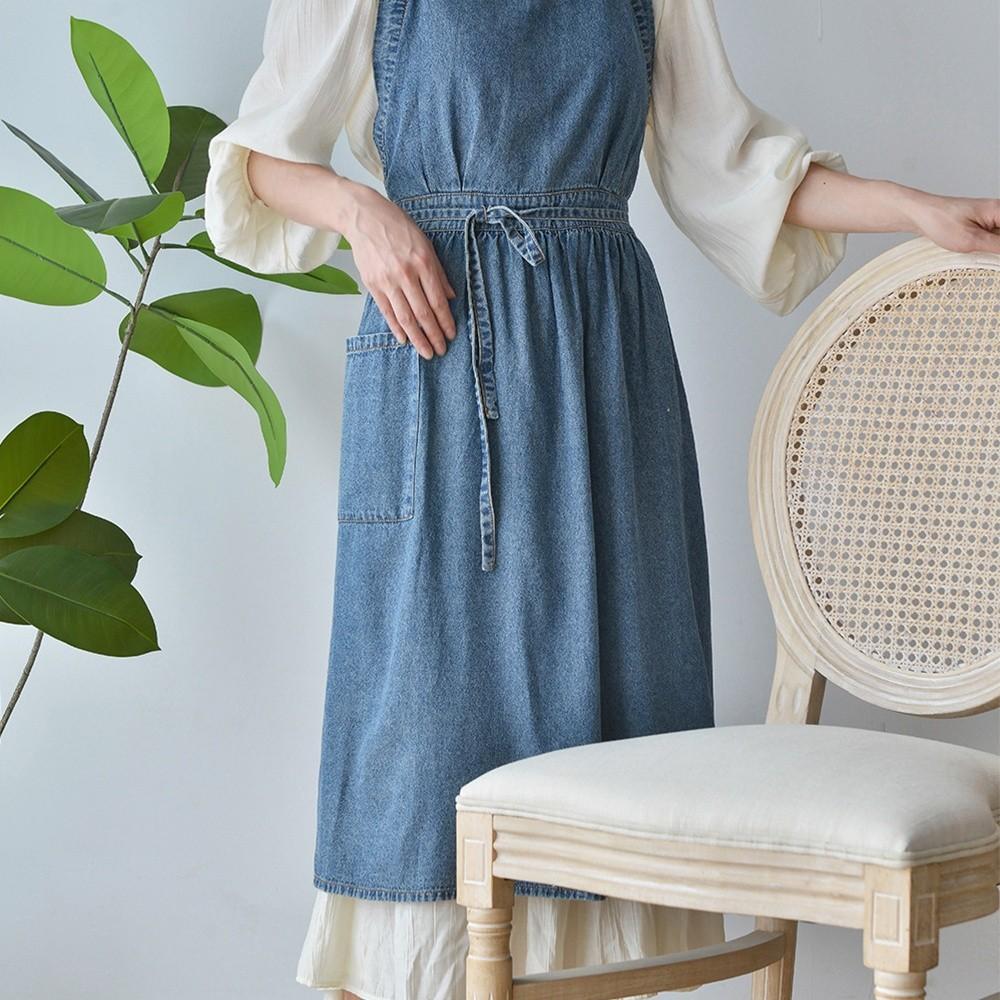 Vintage Denim Apron Premium Cotton Canvas Heavy-Duty Apron Adjustable Waist Machine Washable Bib Apron Kitchen Cooking Baking