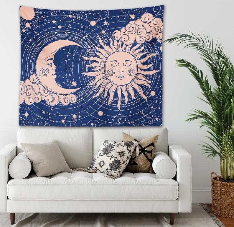 Sun  Moon Tapestry  Blue Celestial Sky Wall Hanging Bohemian Yoga  Meditation Decor Mystical Boho Style for Dorm or Home