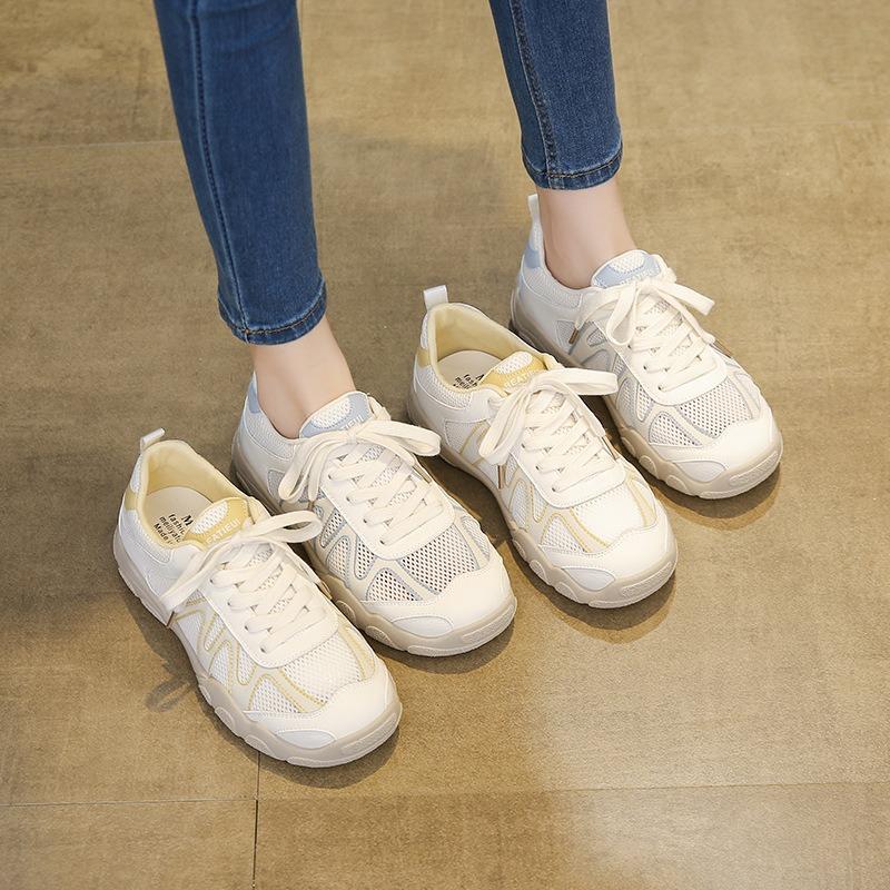 Leder Mesh Damen Sommer neu runder Kopf dicker Boden atmungsaktiv dünnes Rindsleder lässige Sportschuhe Tide