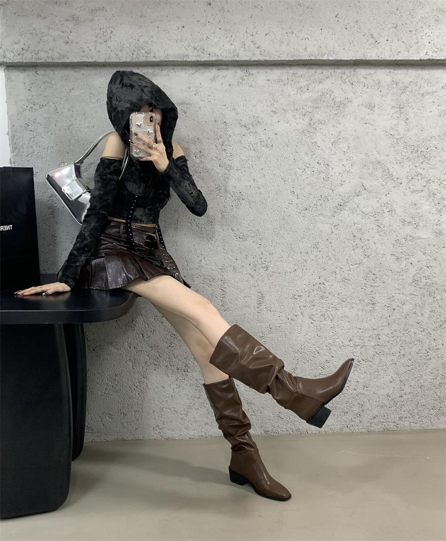 

2025 autumn and winter pointed buckle pleated pile boots punk style knight boots middle heel fried street babes high tube pants boots 39 светло-коричневого