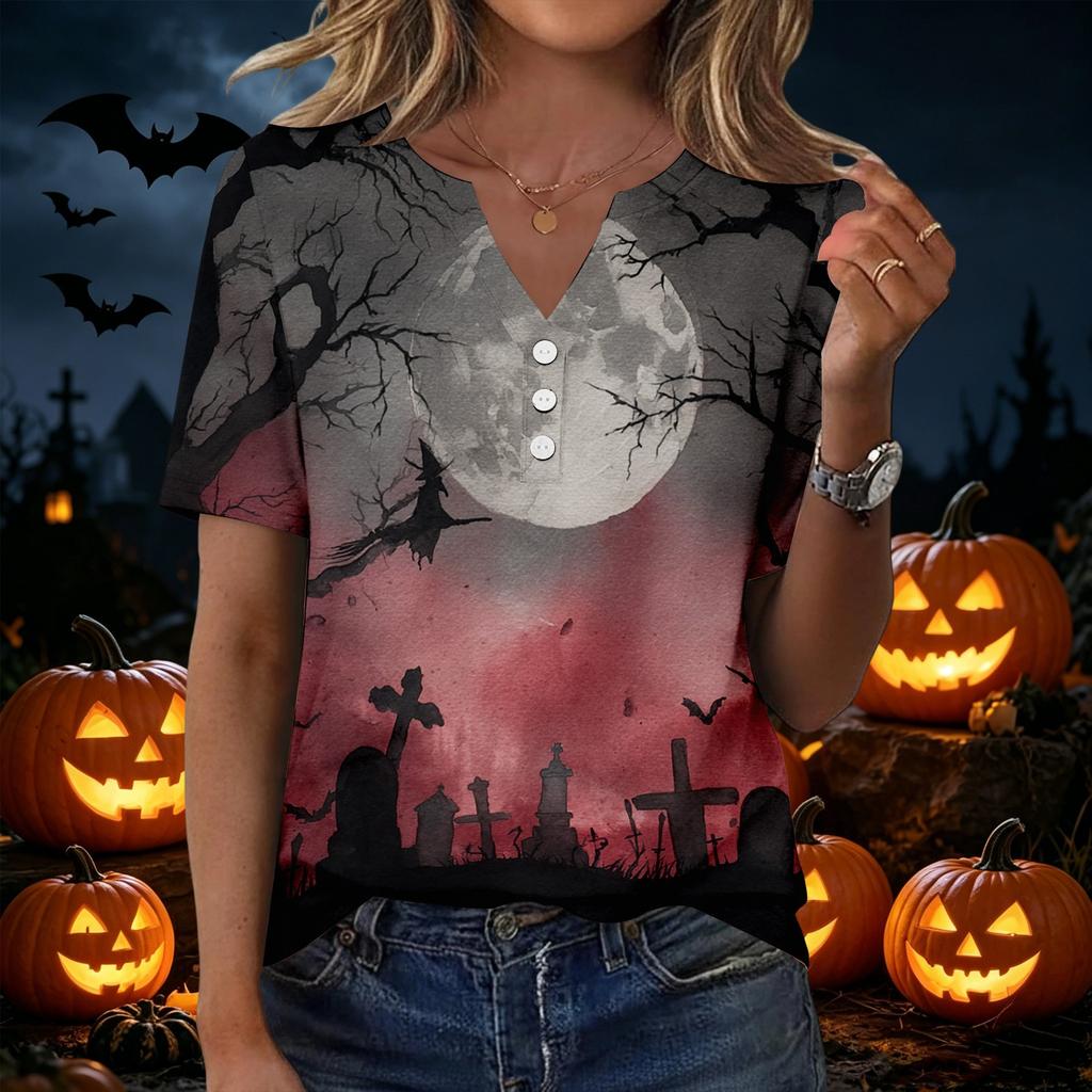 Womens Halloween Print V Neck Short Sleeve Button T Shirt Casual Loose Fit Top with Pumpkin and Bat Design Suitable for Daily Wear