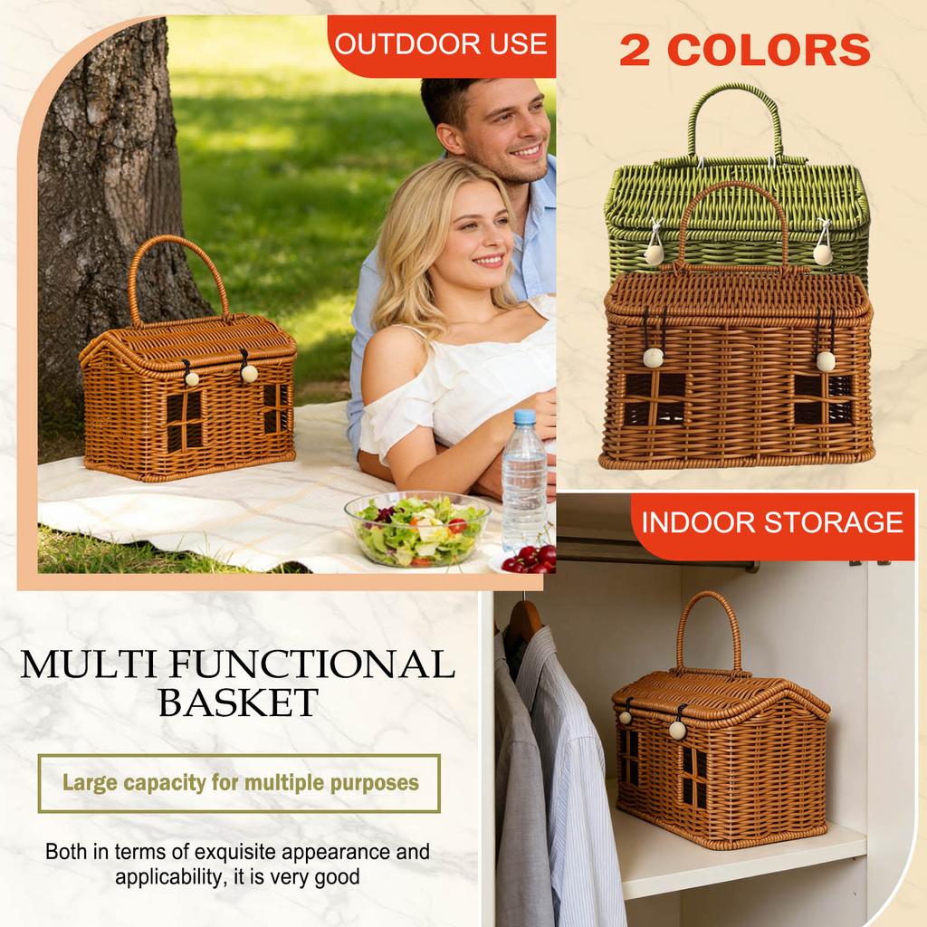 This Plastic Rattan House-shaped Basket, With A Lid And Folding Handle, Is Perfect For Picnics, Easter, Tidying Up, And Other Occasions.