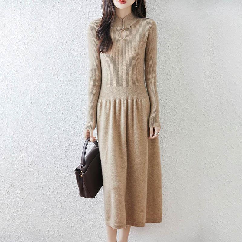 Retro Chinese Stand Collar A-Line Wool Knit Dress, Knee-Length Loose Fit for Autumn/Winter